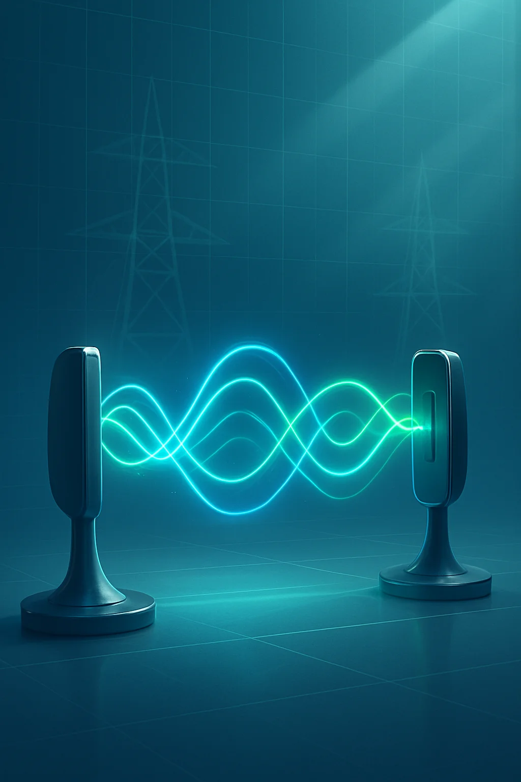 Concept illustration of wireless energy transfer between two antenna devices, not a demonstrated NFD product